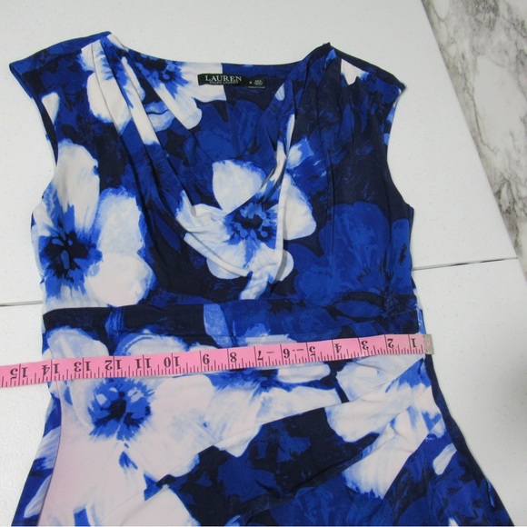 Lauren Ralph Lauren Floral Cowl Neck Sleeveless Sheath Dress Blue White Size 8 - Picture 11 of 16